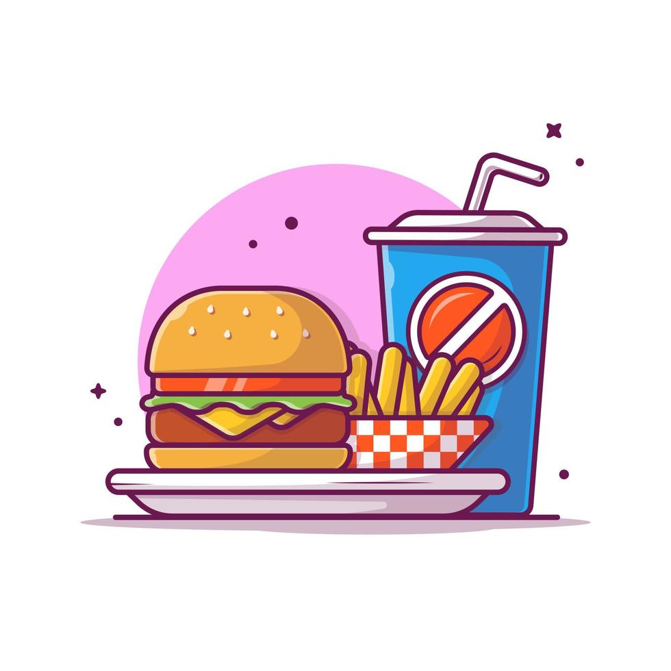 ilustración de icono de vector de dibujos animados de hamburguesa, papas fritas y refrescos. concepto de icono de objeto de comida vector premium aislado. estilo de dibujos animados plana