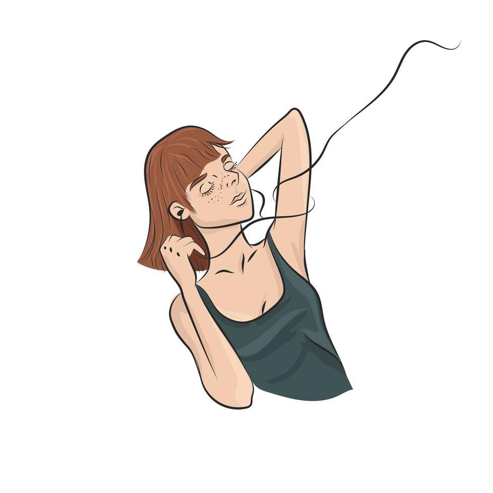 Teen girl listens to music in earphones. vector