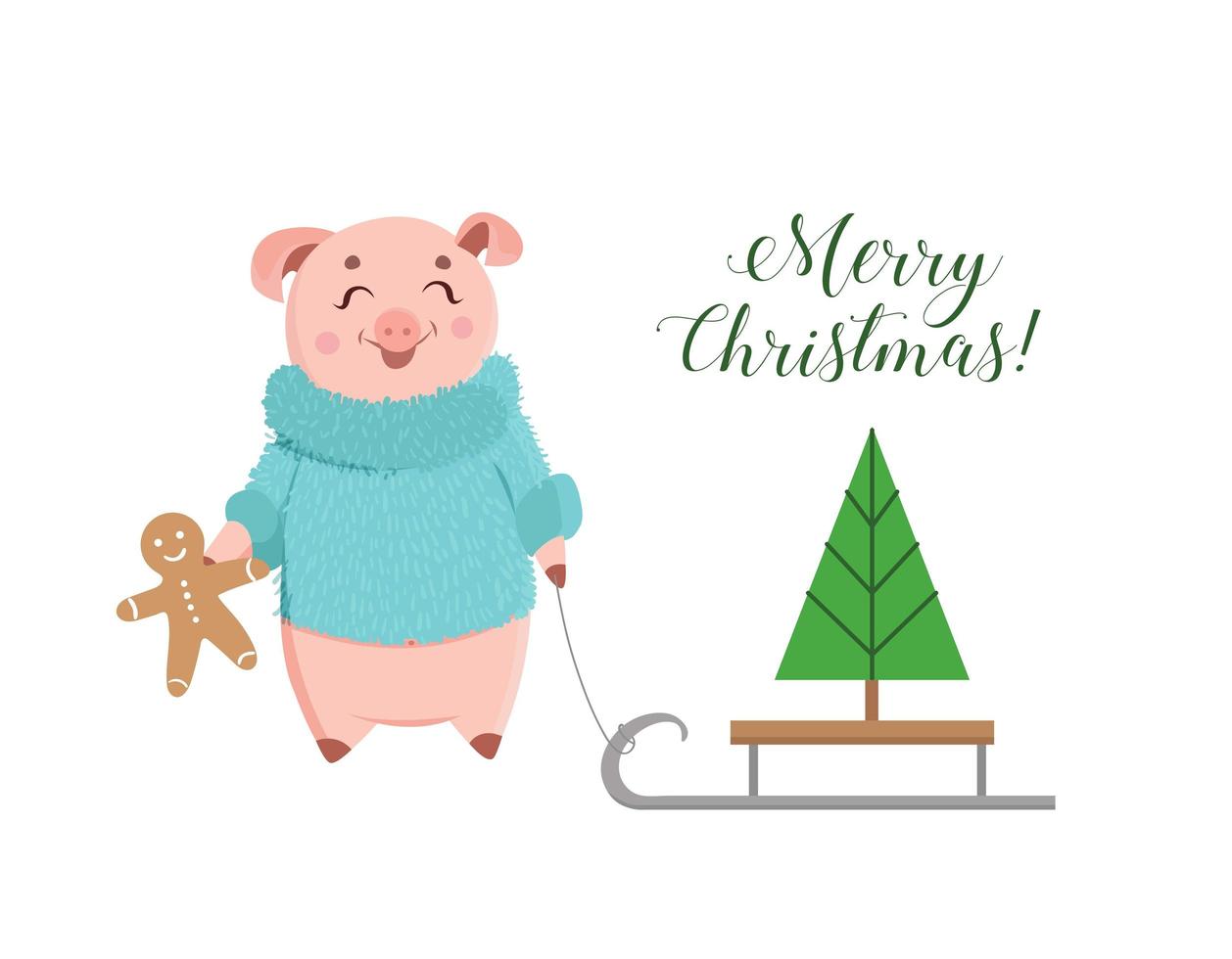 Cute piglet in fluffy sweater holding ginger cookie. vector