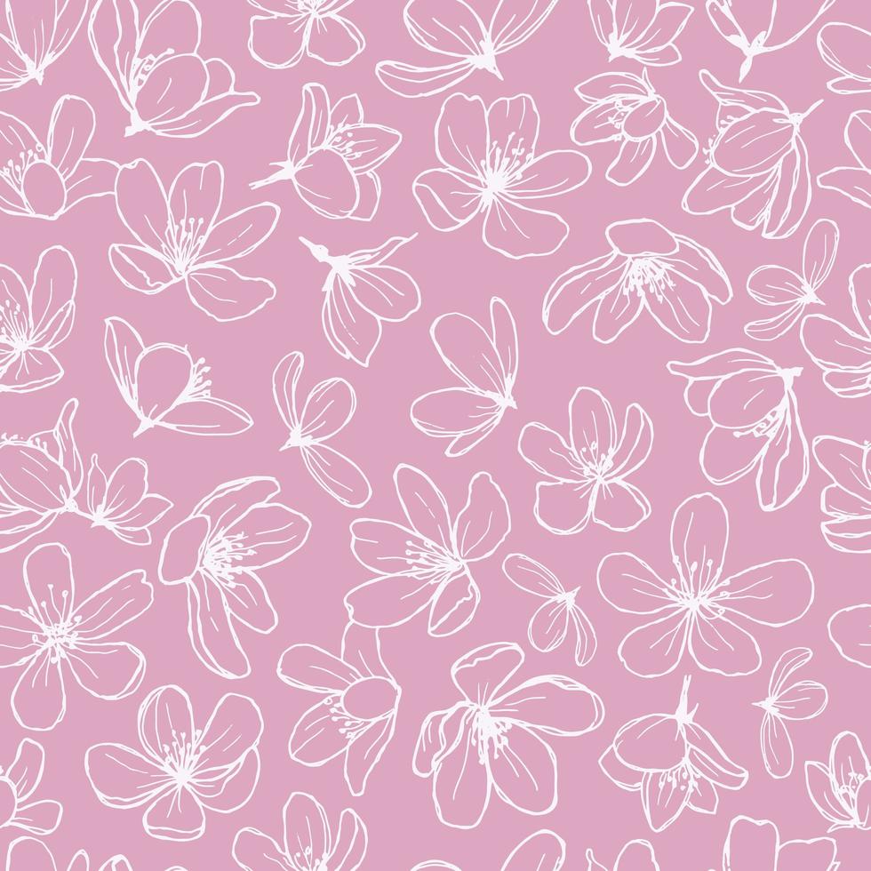 White blossom line flowers on pink background. vector