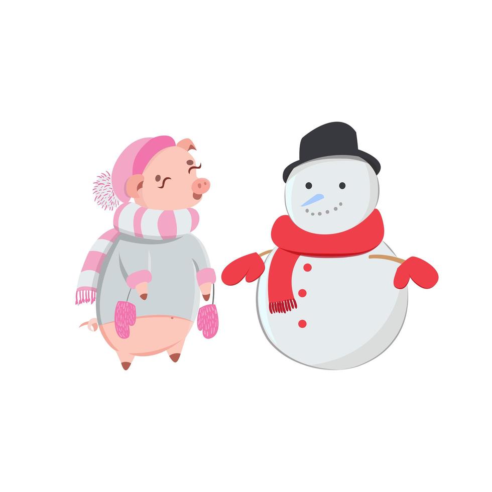 Cute piglet in pink hat and striped scarf looking at snowman. vector