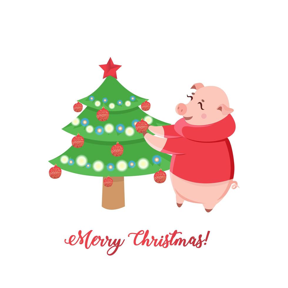 Piglets decorating Christmas tree isolated on white background. vector