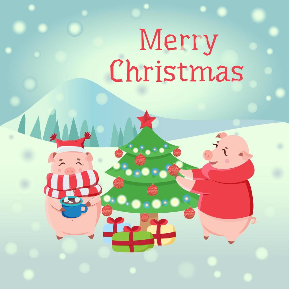 Piglets decorating Christmas tree during snowfall. vector