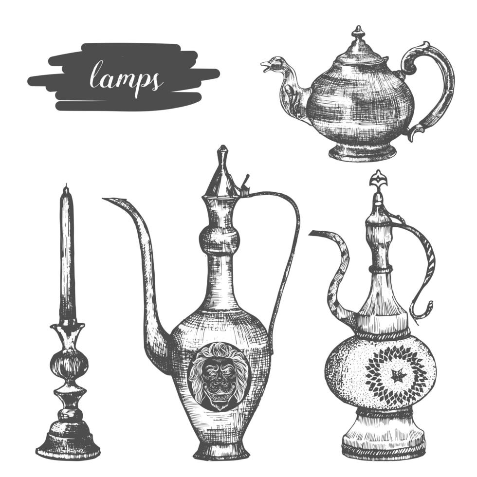Arabic lamp set hand drawn sketch. vector
