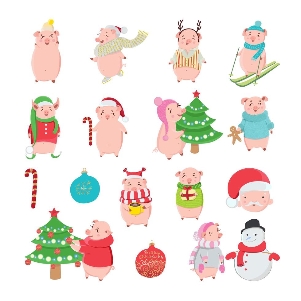 Set of happy and funny pigs on white background. vector