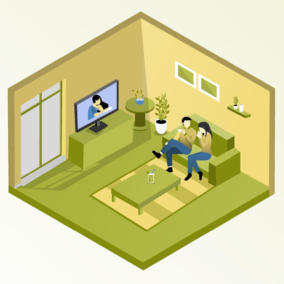 isometric living room with sofa, table cupboard and other furniture. vector illustration