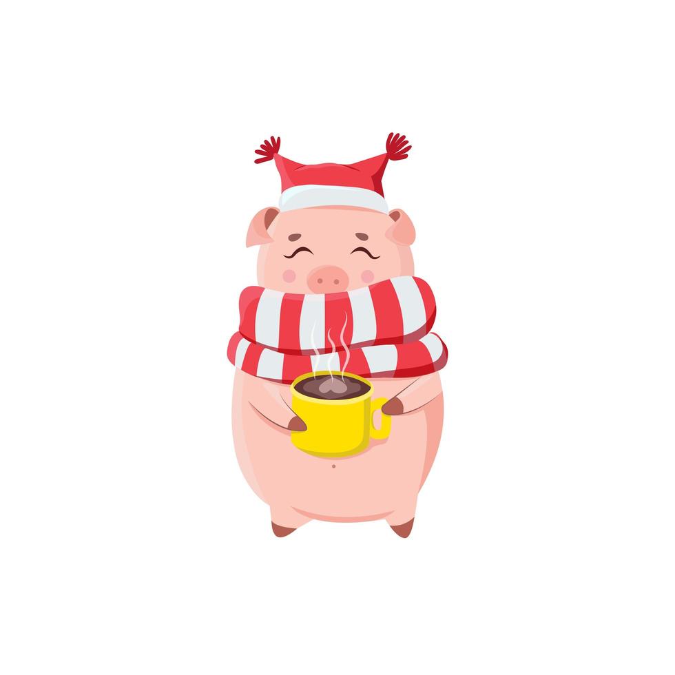 Cute piggy holding cup with hot coffee isolated on white background. vector
