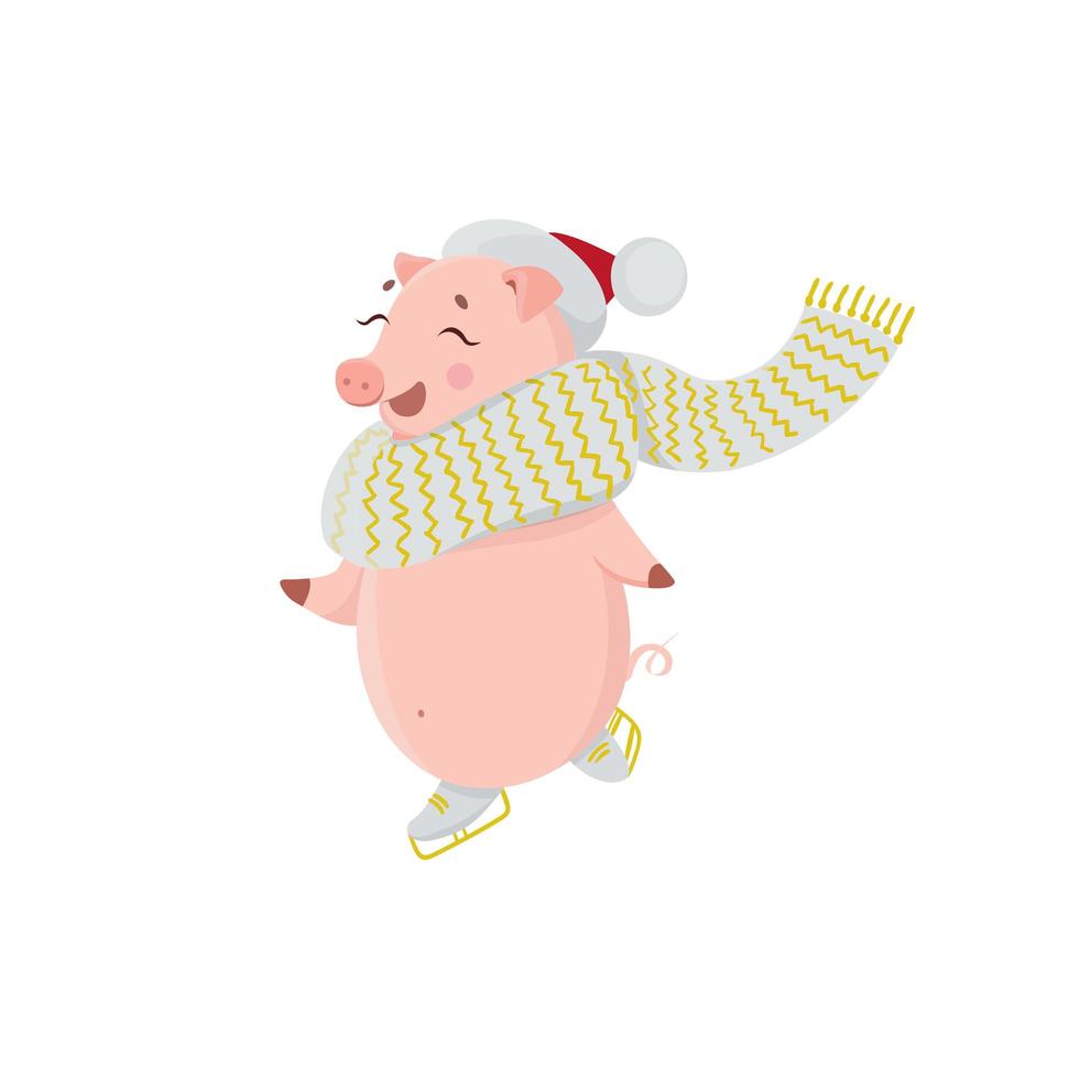 Piglet in scarf and hat skating isolated on white background. vector