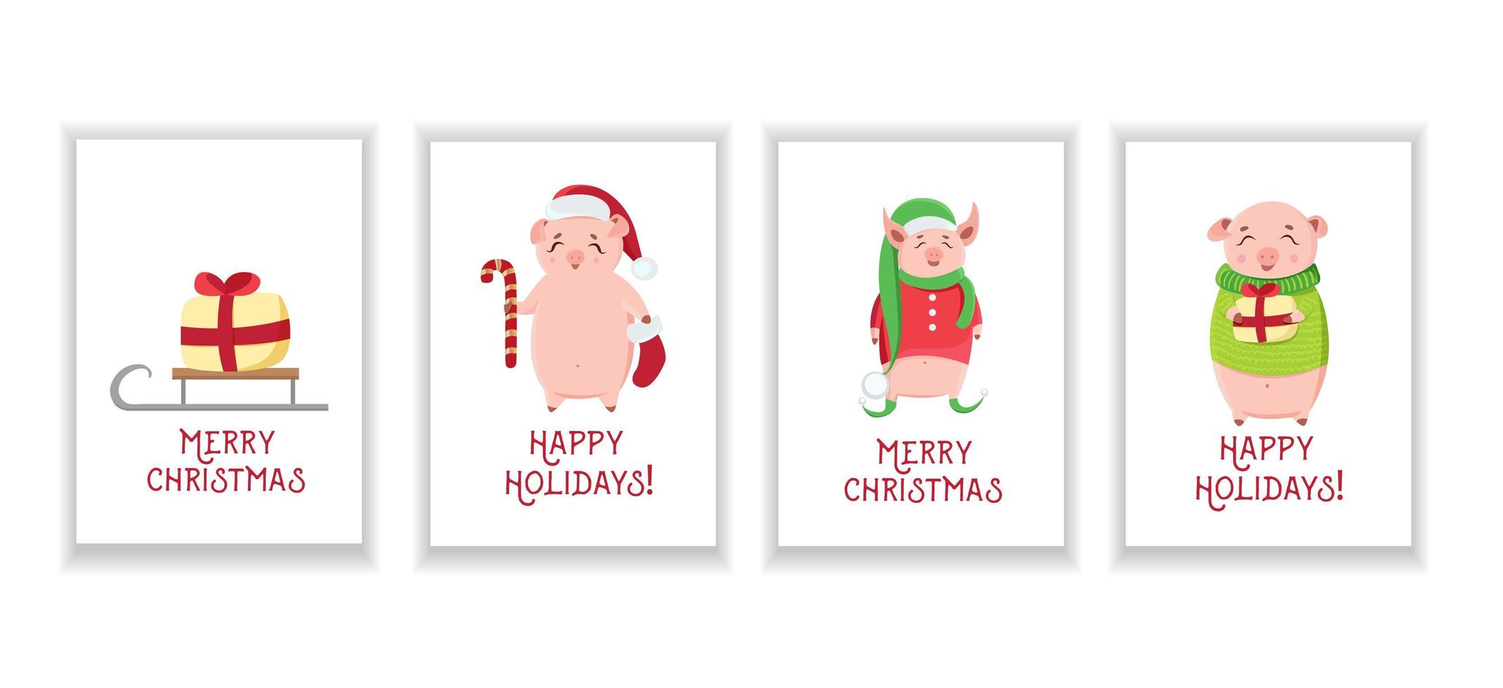 Christmas cards with cute piglets isolated on white background. vector