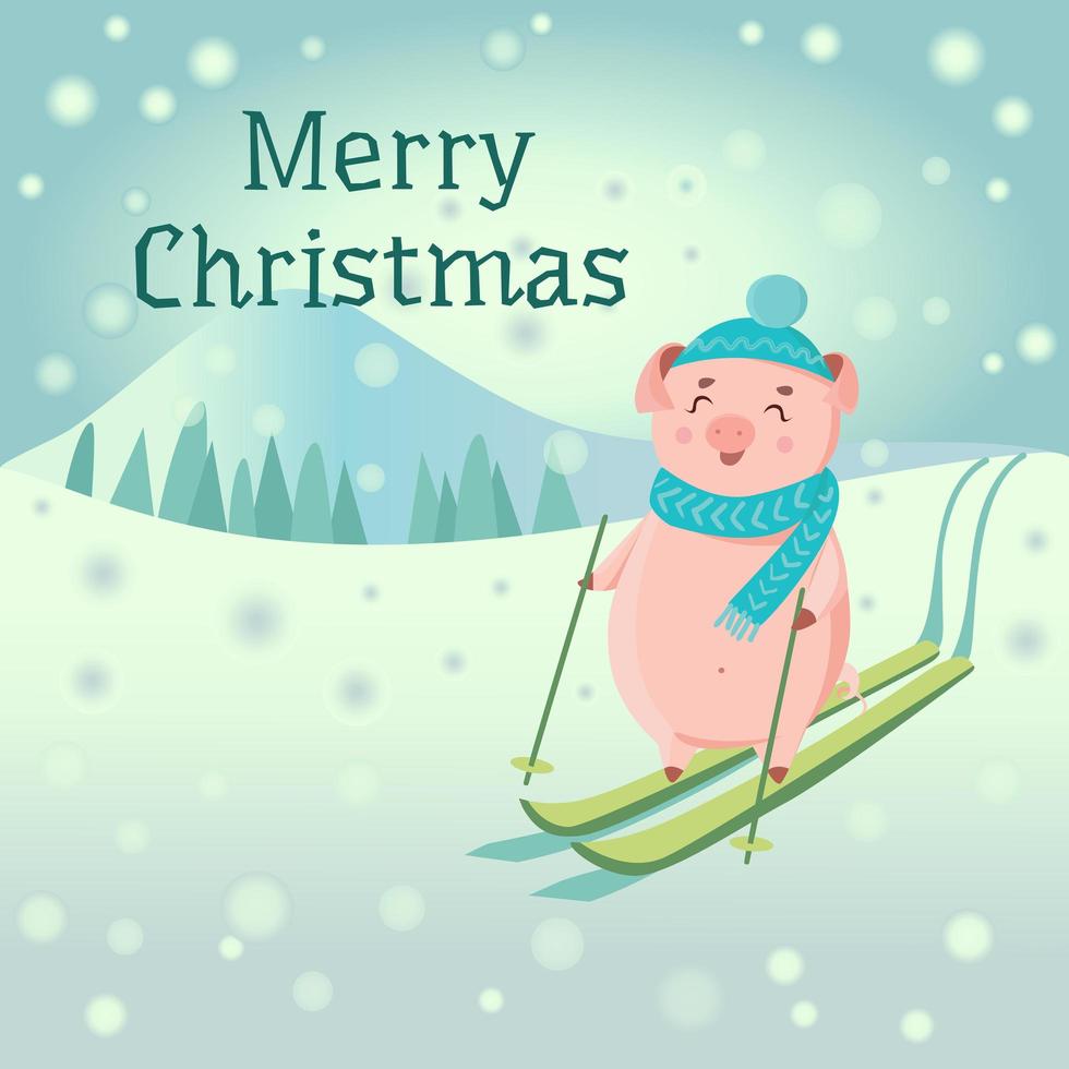 Piglet in hat and scarf skiing with snow mountain on background. vector