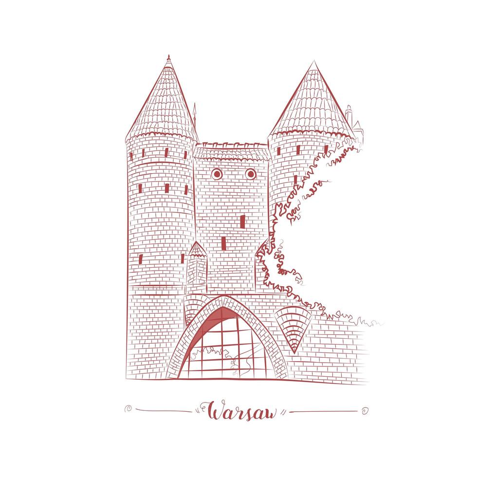 fortaleza de varsovia en el casco antiguo boceto dibujado a mano. vector