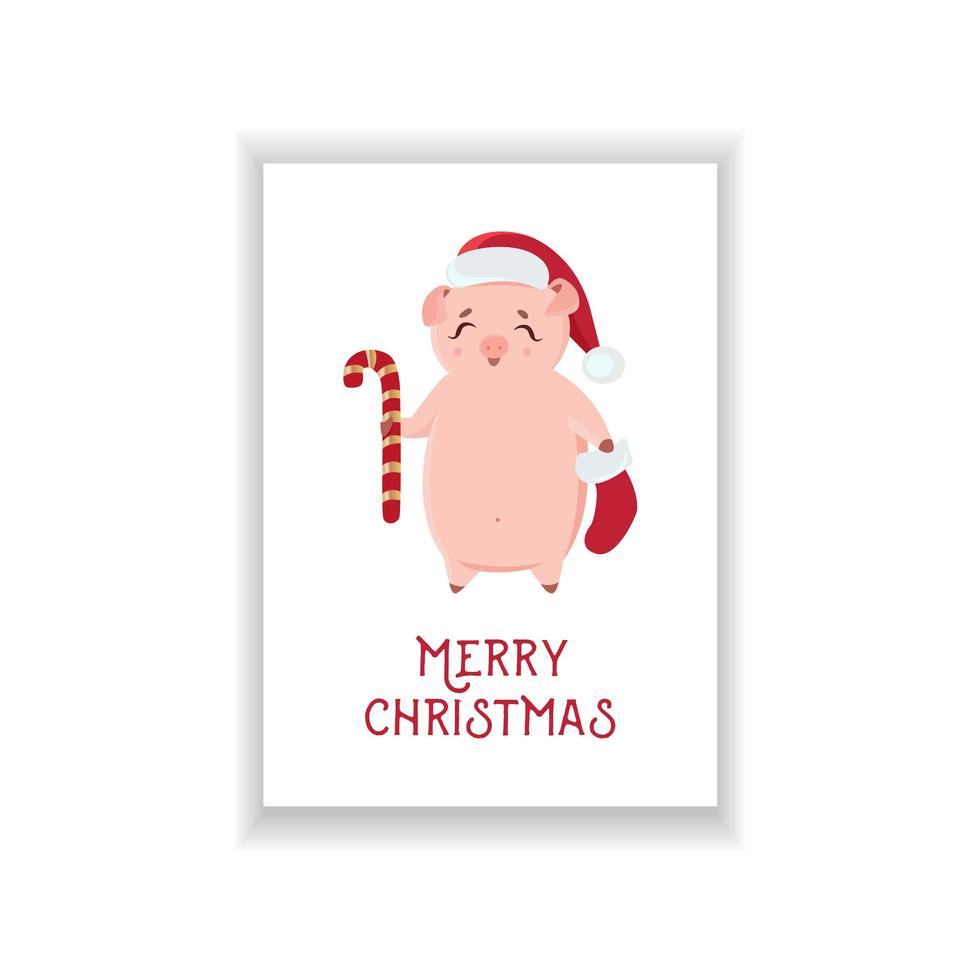Piglet wearing Santa hat with gift sock isolated on white background. vector