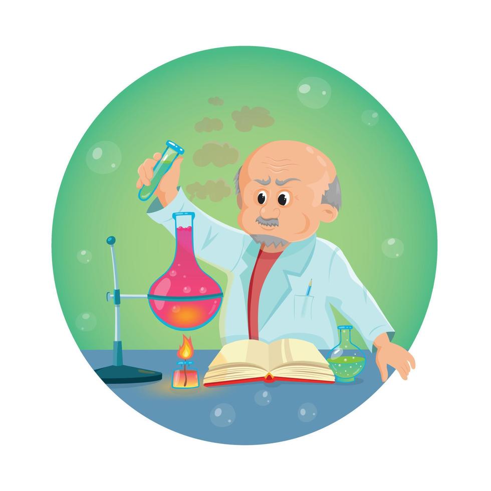 Old men doing chemistry experiments. Holding flask and test tube in hands. Old scientist conducts experiments. vector