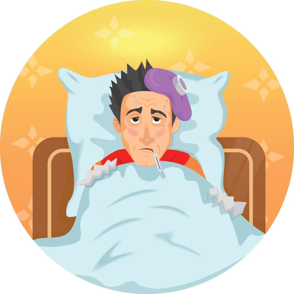 sick man laying in bed with fever on white background vector