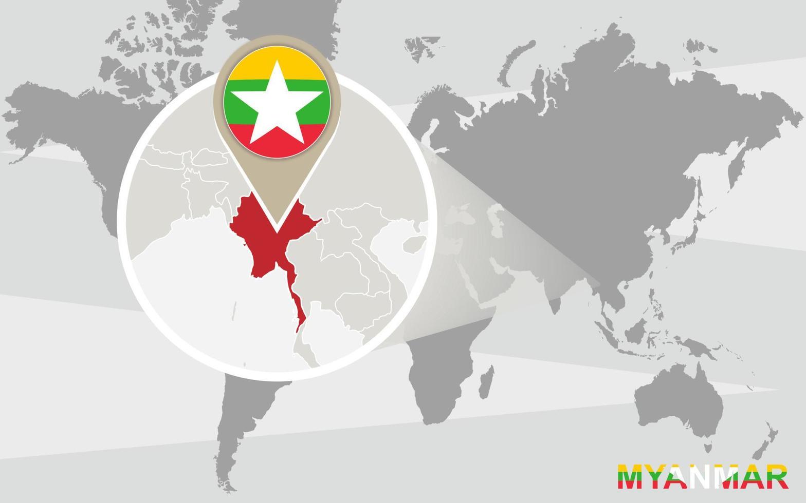 mapa del mundo con myanmar magnificado vector