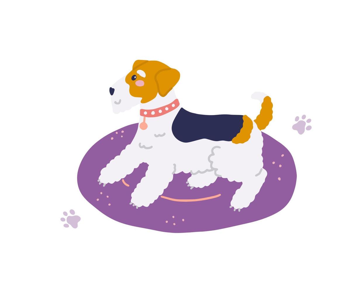 Cute fox terrier is lying on purple dog bed, vector flat illustration in hand drawn style