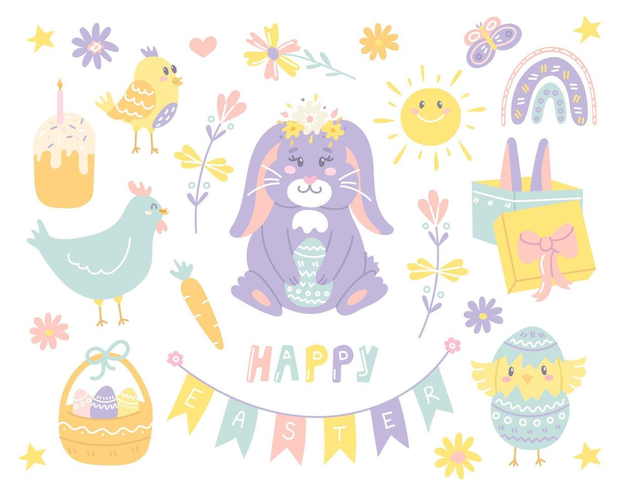 lindo conjunto de elementos de diseño de pascua con conejo, huevos, flores, pollo en colores primaverales pastel, letras a mano, estilo plano vector