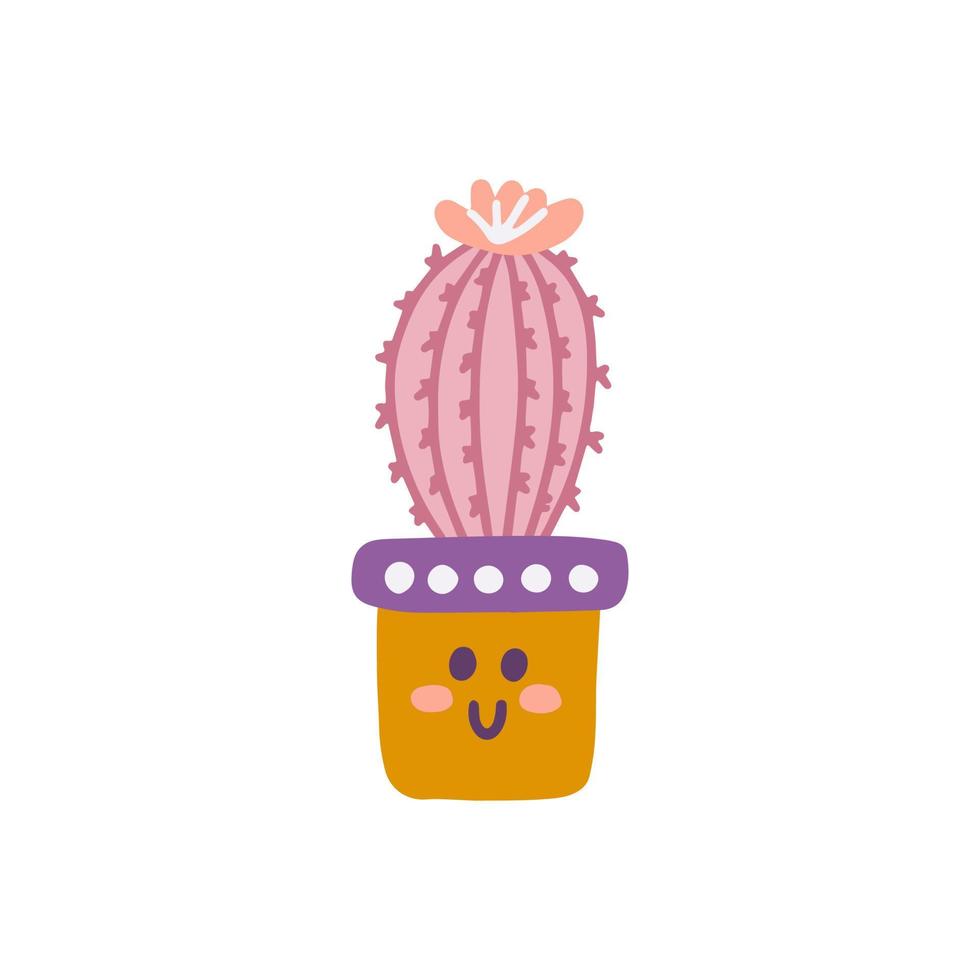 Cute cactus with flower in pot, vector flat illustration in hand drawn style