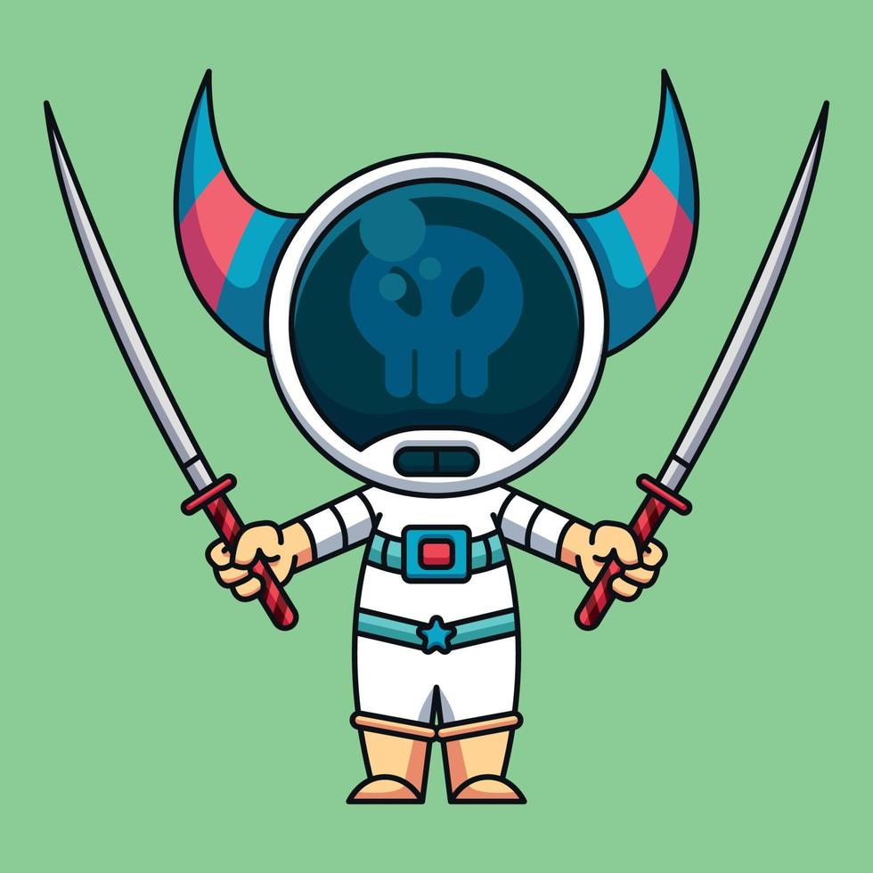 astronauta monstruo usando dos katana, lindo icono de dibujos animados ilustración vector