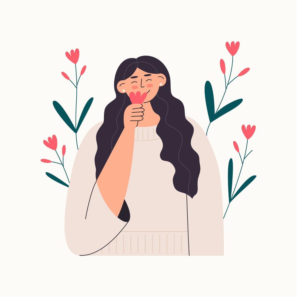 Smiling woman smelling flower vector