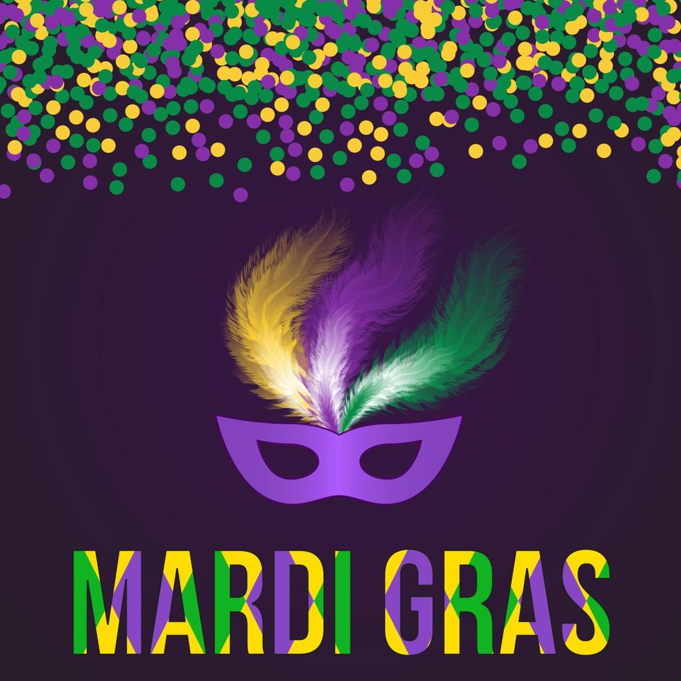 Ilustración de vector de carnaval mardi gras con confeti verde, morado y amarillo y máscara sobre fondo oscuro. plantilla de diseño fácil de editar para sus proyectos.