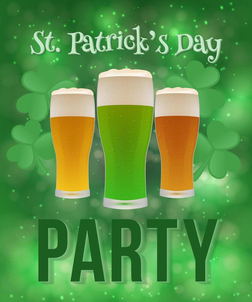 S t. pancarta de la fiesta del día de patrick con trébol de trébol y vasos de cerveza sobre un fondo verde brillante. ilustración de vector irlandés tradicional. plantilla de diseño fácil de vector.