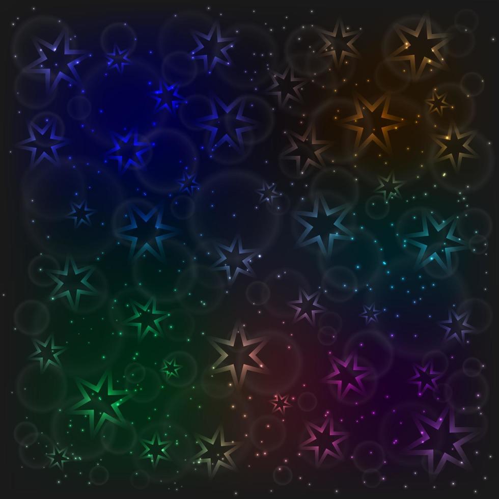 el patrón mágico del arco iris con brillantes estrellas de neón, burbujas y partículas brillantes. fondo del espacio. plantilla de diseño la ilustración del vector del cielo nocturno.