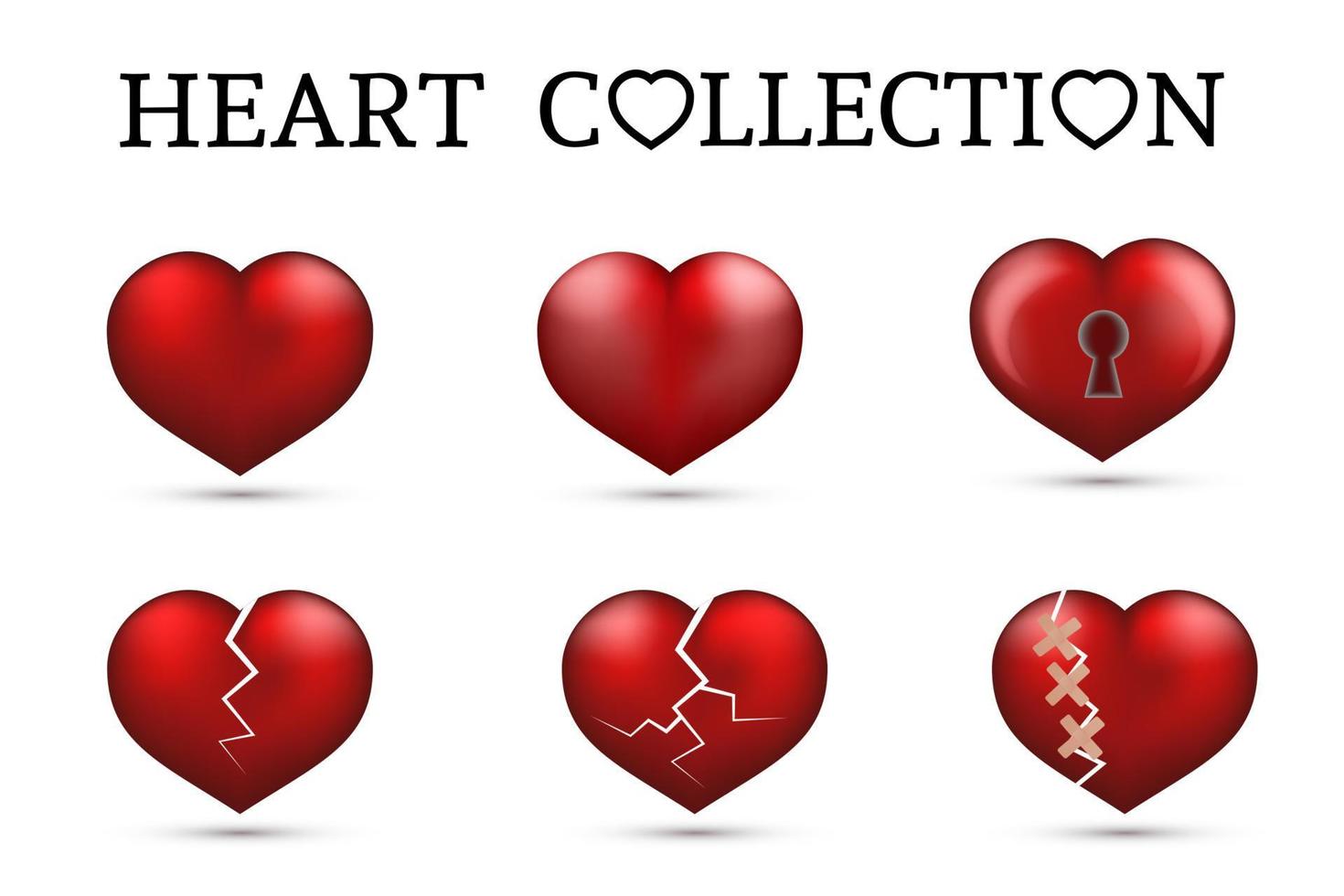 colecciones de corazón rojo. conjunto de seis corazones realistas aislado sobre fondo blanco. Iconos 3d. Ilustración de vector de día de San Valentín. símbolo de la historia de amor. plantilla de diseño fácil de editar.