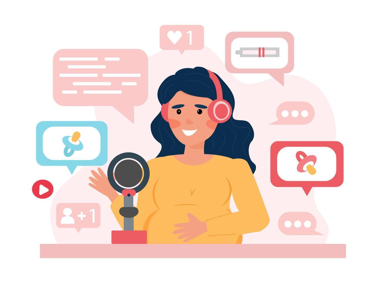 pregnant girl records a podcast about pregnancy, childbirth, gender determination into the microphone. Vector illustration, flat