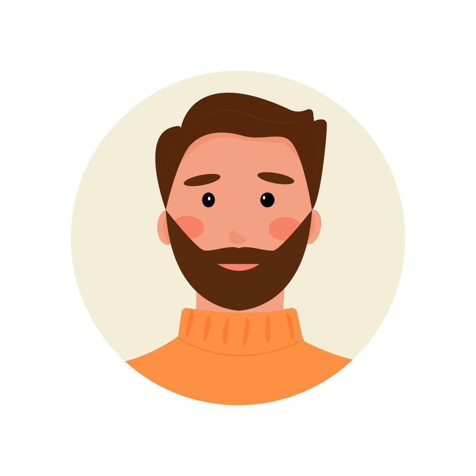 avatar bearded brown-haired man in a sweater. Portrait of a brutal man, geologist, snowboarder, skier, student, partner, sales manager. For advice, bots, support. Vector illustration, flat