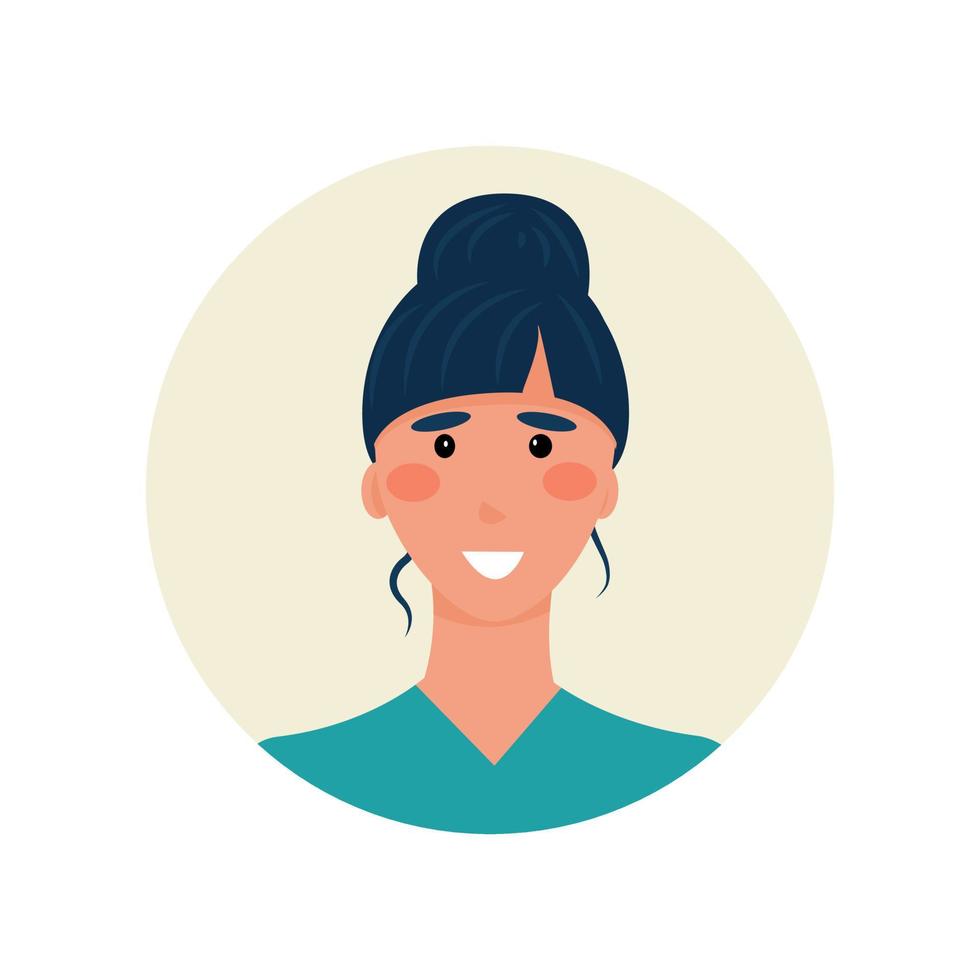 avatar smiling brunette nurse with bangs and bun. Unique youth badge for thematic medical forums, websites, e-mail, chat bots, clinic support. Vector illustration