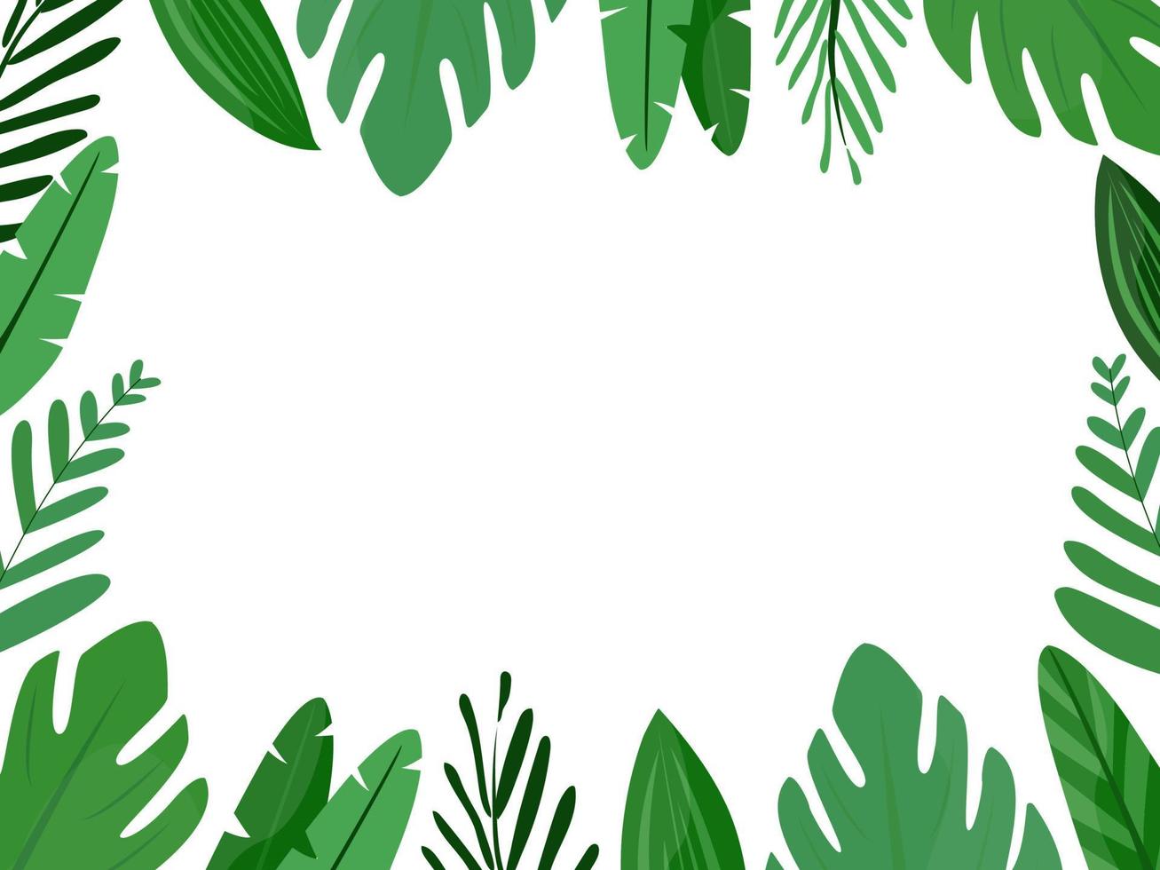 rectangular frame with green leaves of tropical plants. Template for business cards, postcards, photo frames. Vector illustration, flat cartoon style