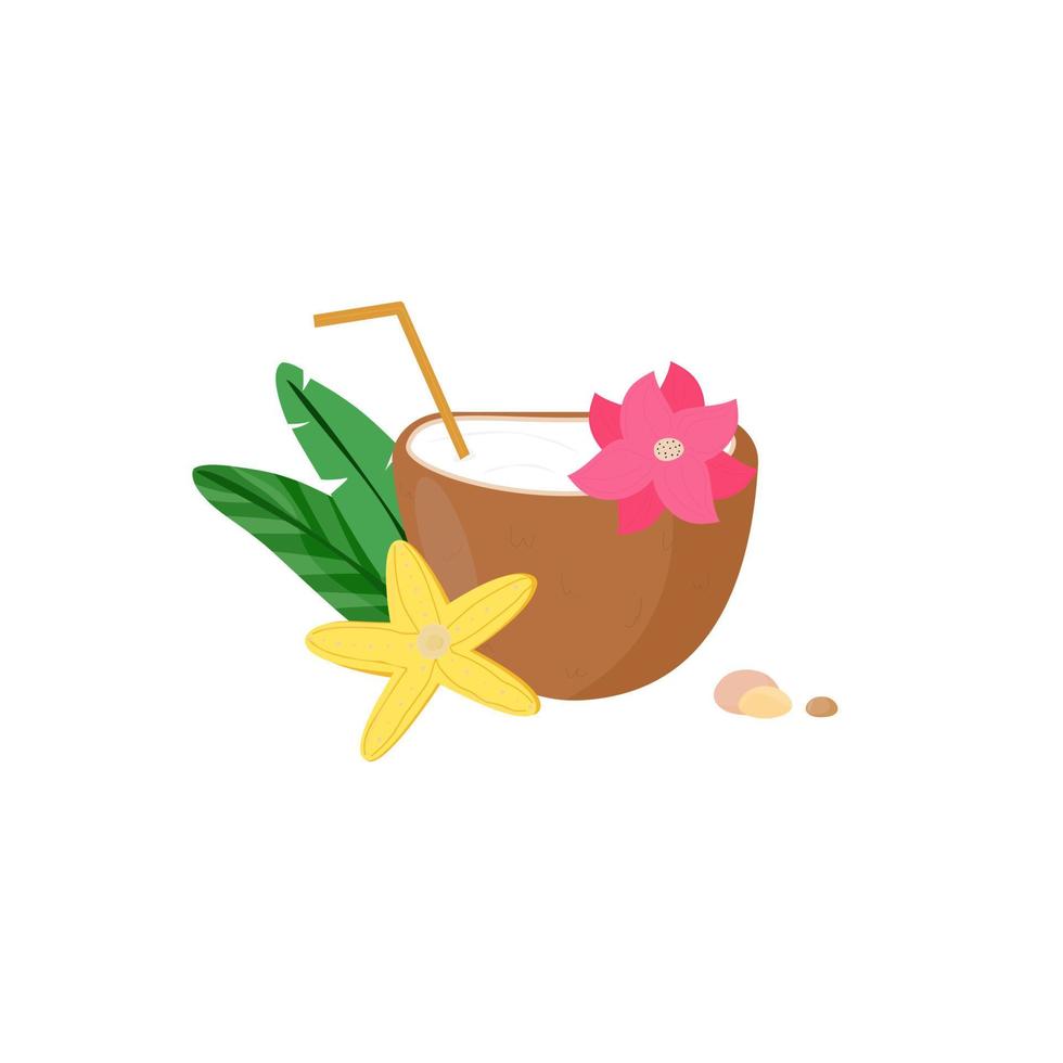 bebida de coco fresco a través de una pajita de paja. descanso en el trópico, fruta exótica. elemento de diseño para publicidad, blogs, embalaje. ilustración vectorial estilo plano de dibujos animados vector