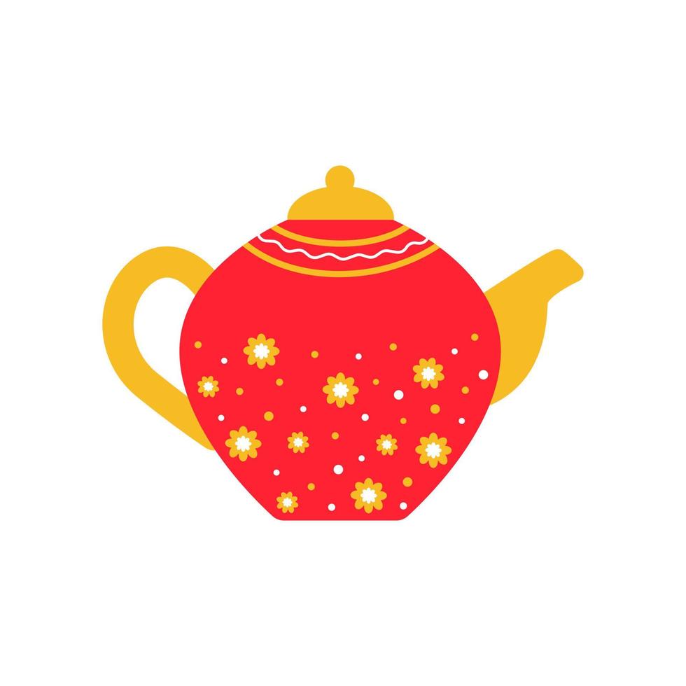 teapot isolated on white background image. Red teapot with a floral pattern. Vector illustration