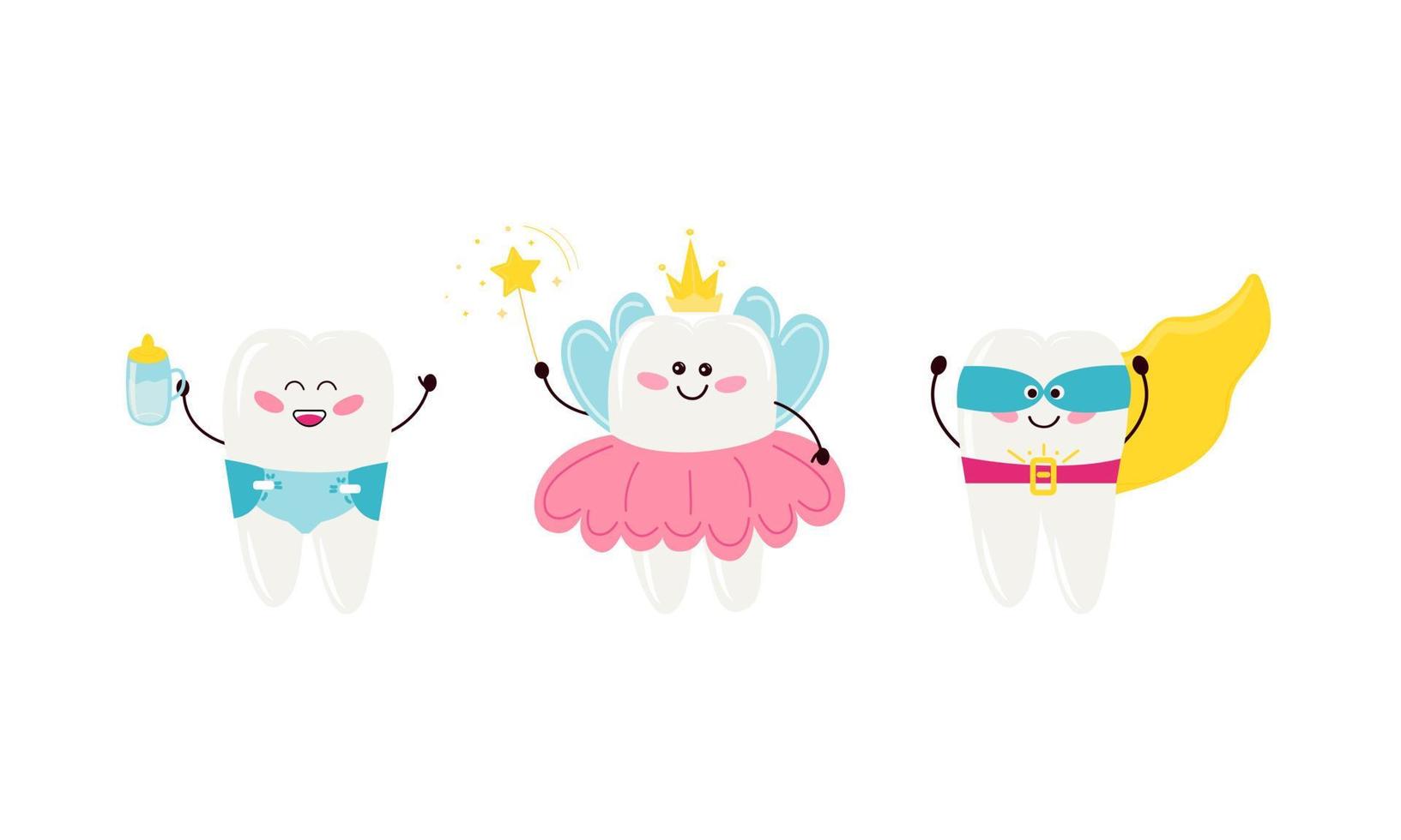 milk tooth, baby tooth fairy, superhero. Isolated cute happy teeth characters with wings, crown, magic wand, diaper, sippy cup, cloak. Vector illustration in cartoon style