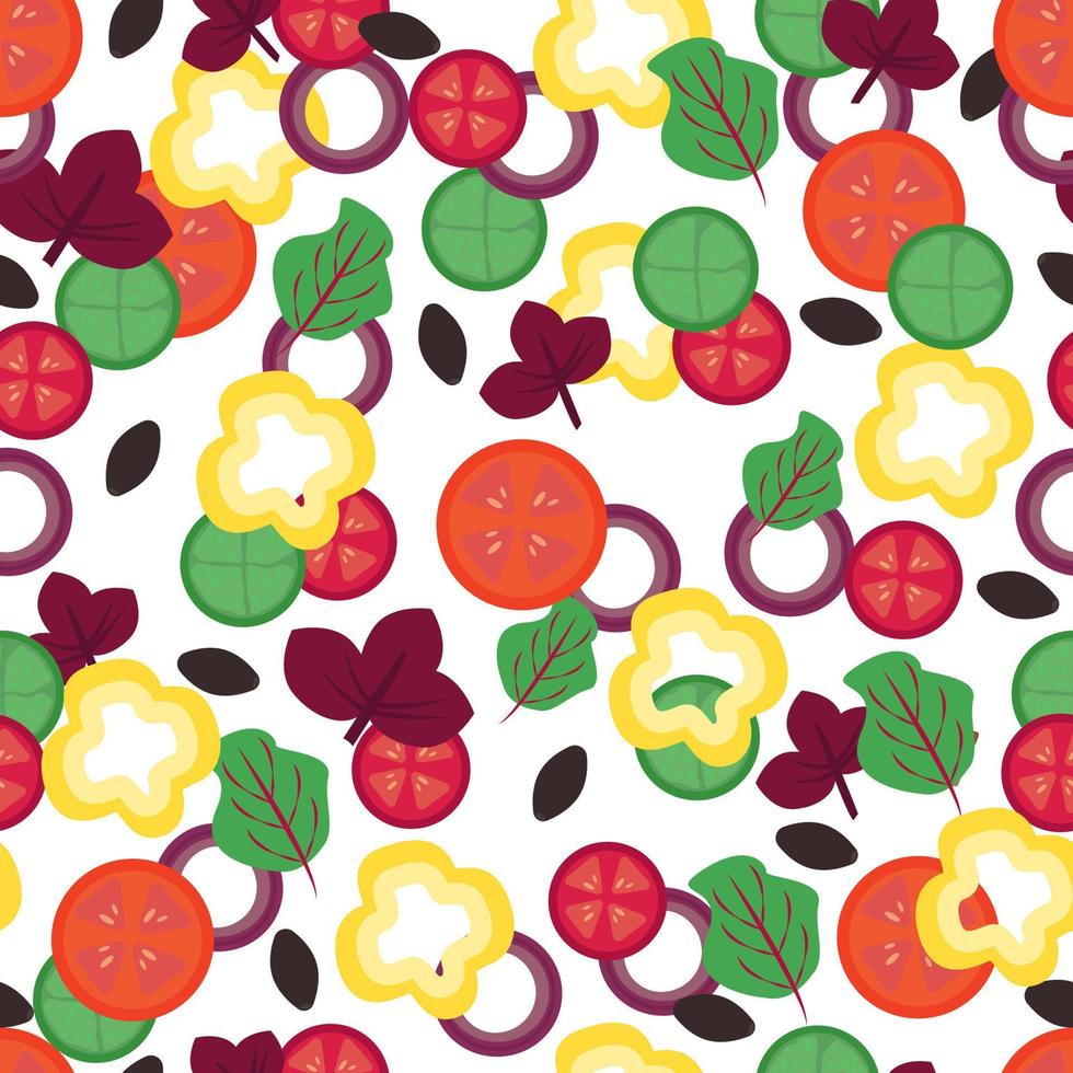 seamless endless pattern greek salad. Vegetables in a chaotic manner. Background for kitchen textiles, paper napkins, vegan menu. Vector illustration.