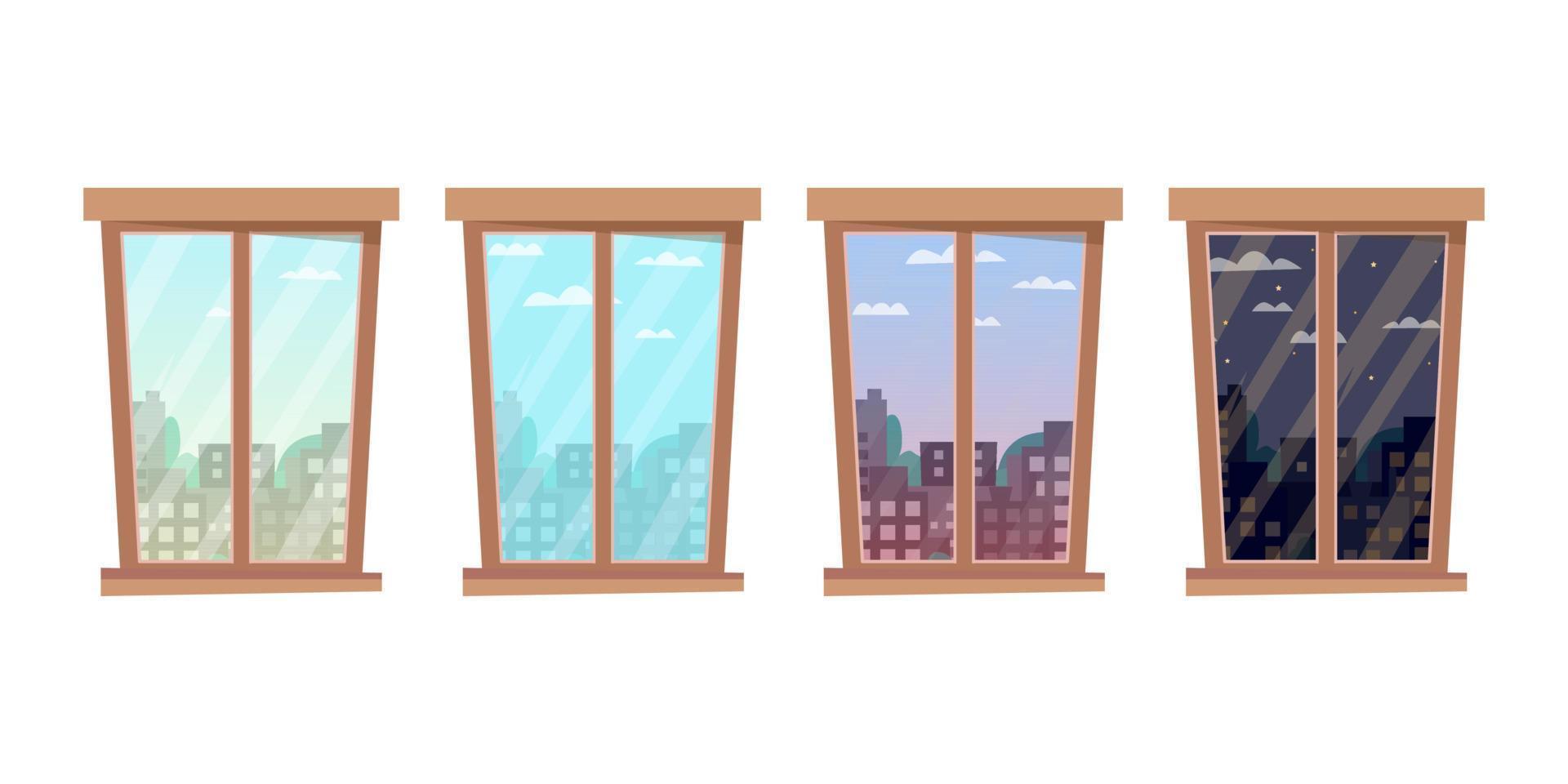 ventanas, vista desde la ventana mañana, tarde, noche, noche en los paisajes de la ciudad. en la distancia hay edificios altos, árboles, estrellas y nubes en el cielo. ilustración vectorial de estilo plano vector