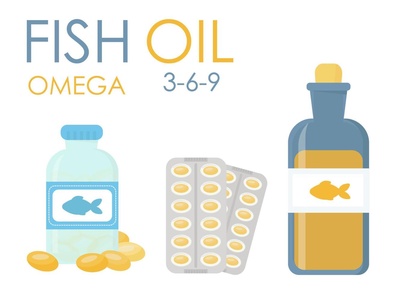 set bottle, vial, capsules with fish oil. Various forms and dosages. Food supplement Omega 3-6-9. Isolated over white background. Vector illustration. Flat