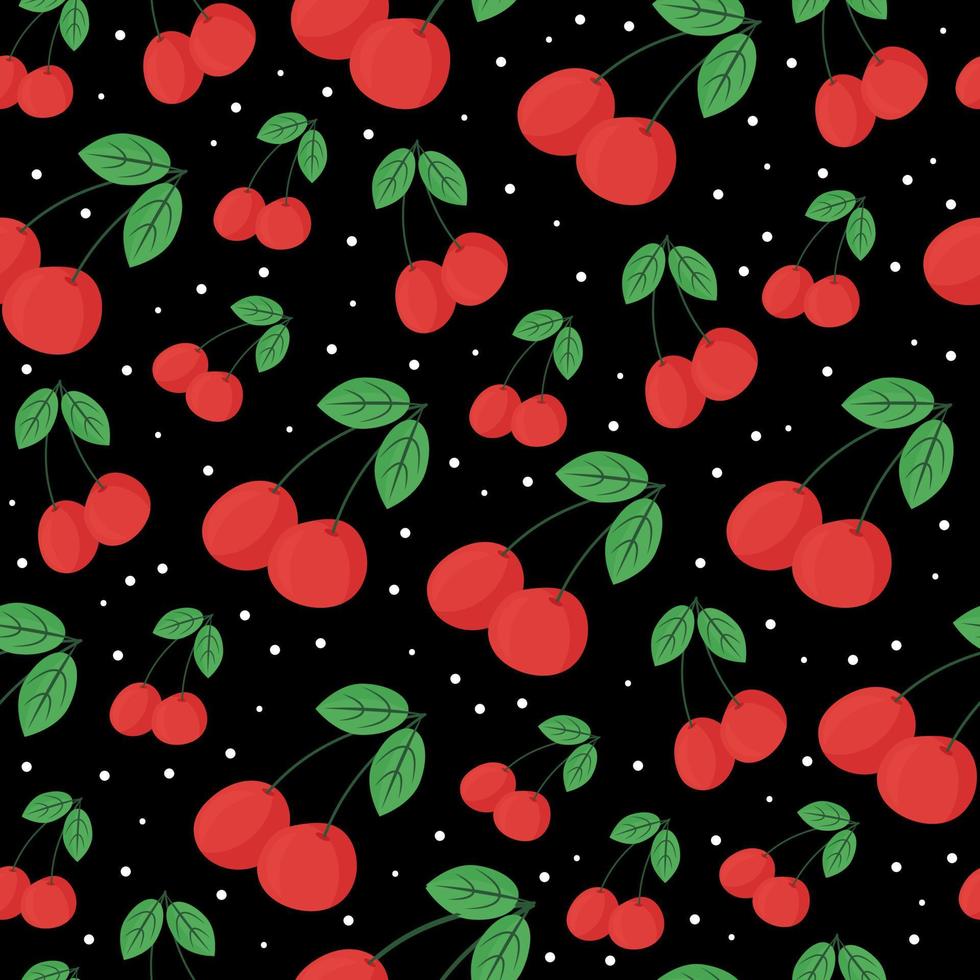 Seamless pattern of red cherries berries on a dark background. Print for children's clothing fabric, pajamas, kitchen textiles, summer dresses, paper, packaging. Vector illustration, simple style