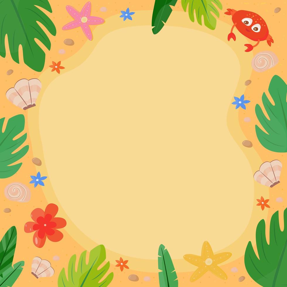 frame template in beach style. Background for invitations, announcements, business cards, beach restaurant menus, seaside advertisements. Cartoon vector illustration.