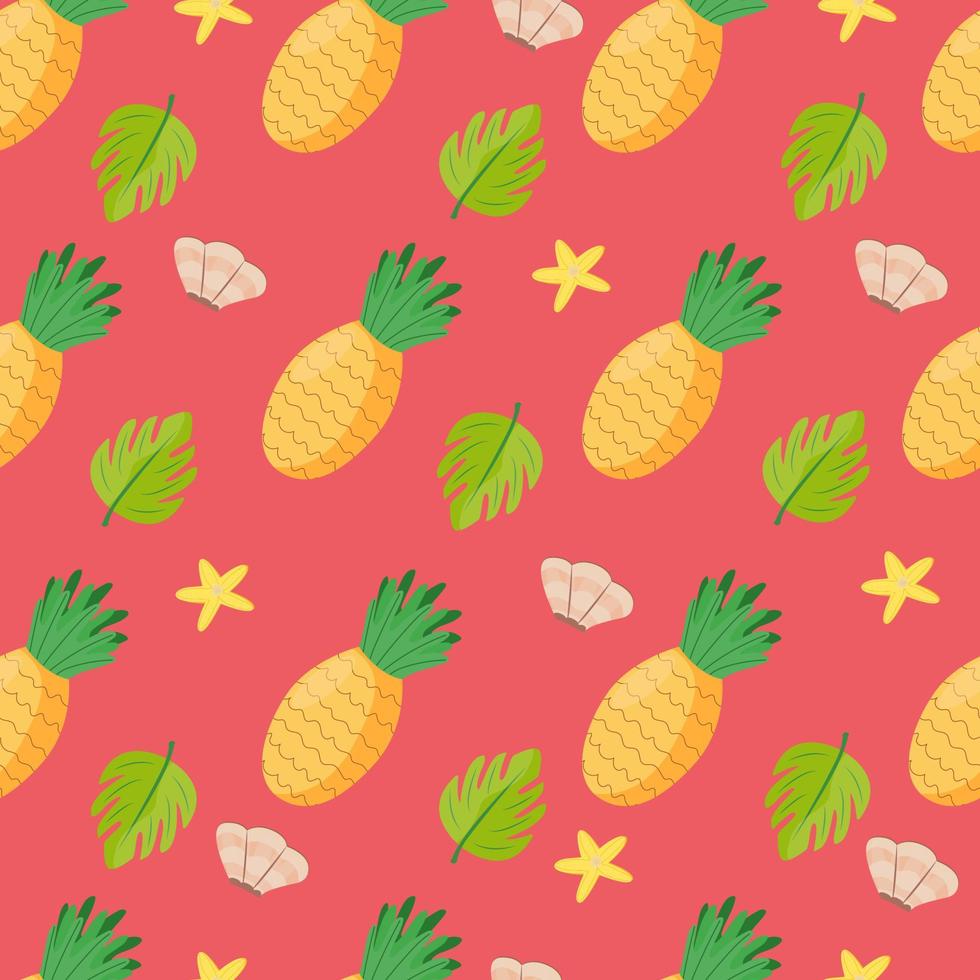 summer time seamless endless pattern. Print of pineapples, seashells, starfish, monstera leaves. Bright pink background. Vector illustration, cartoon flat
