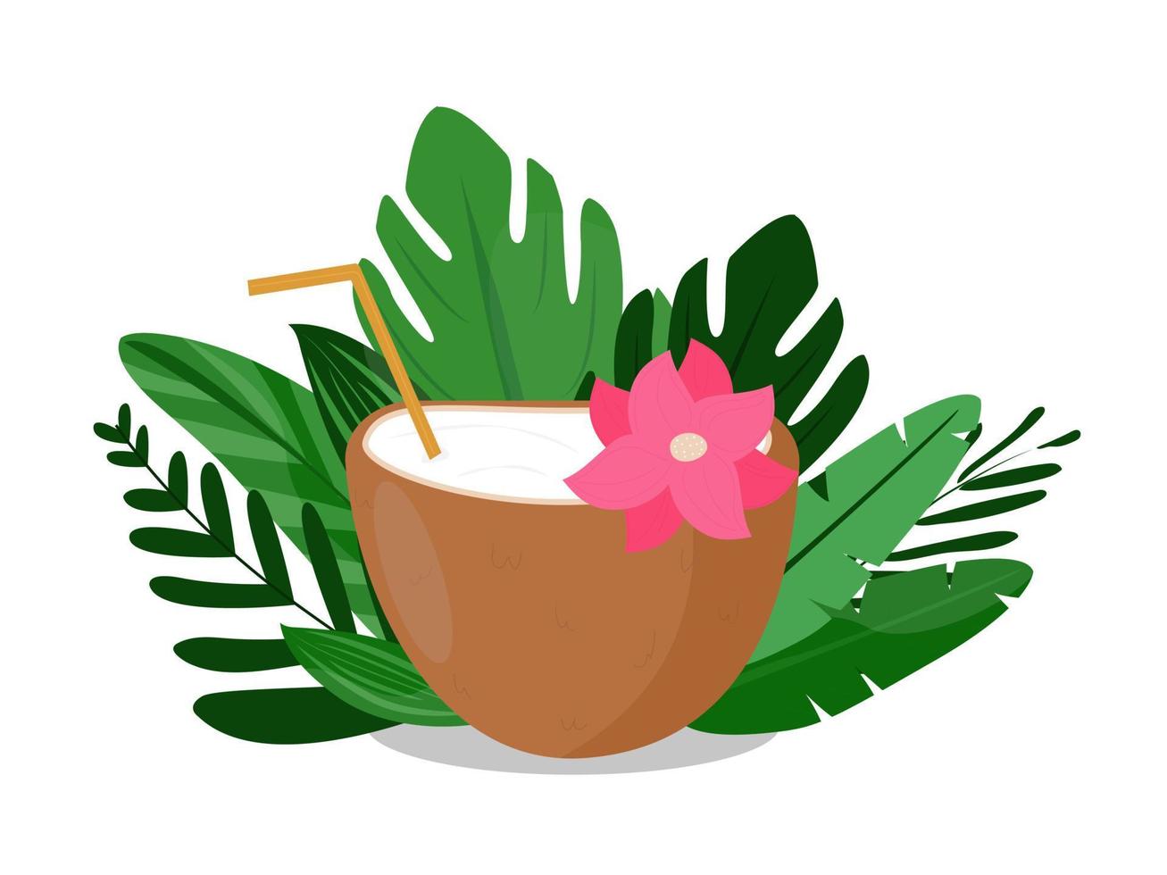 concept drink from coconut on the background of palm leaves, banana. Advertising and blog design for resort, beaches, hotels, coconut oil and milk. Vector illustration. Cartoon style flat