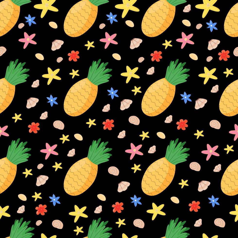 piña de patrones sin fisuras, conchas marinas, flores, estrellas de mar. fondo de verano en la playa. impresión para textiles, envoltorios, papel tapiz, papel. ilustración vectorial, estilo de dibujos animados vector