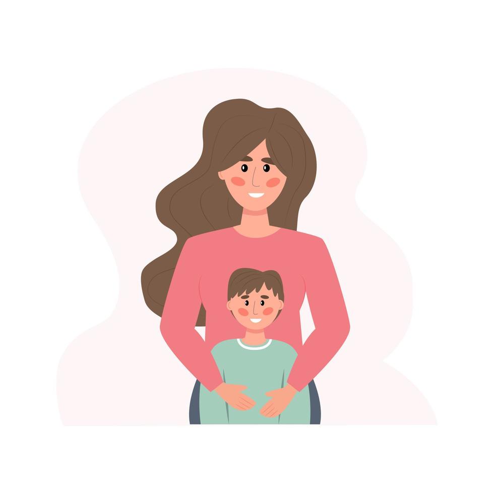 concepto de madre e hijo. mamá abraza a su hijo. lindos personajes para blogs, tutoriales, folletos, puestos escolares, pruebas psicológicas, etc. ilustración vectorial en un estilo plano vector