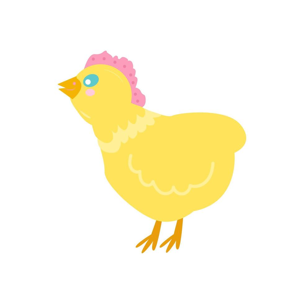 imagen aislada de pollo amarillo en un fondo blanco. elemento de diseño para tarjetas de Pascua, libros infantiles, pegatinas, embalaje. ilustración vectorial de dibujos animados vector