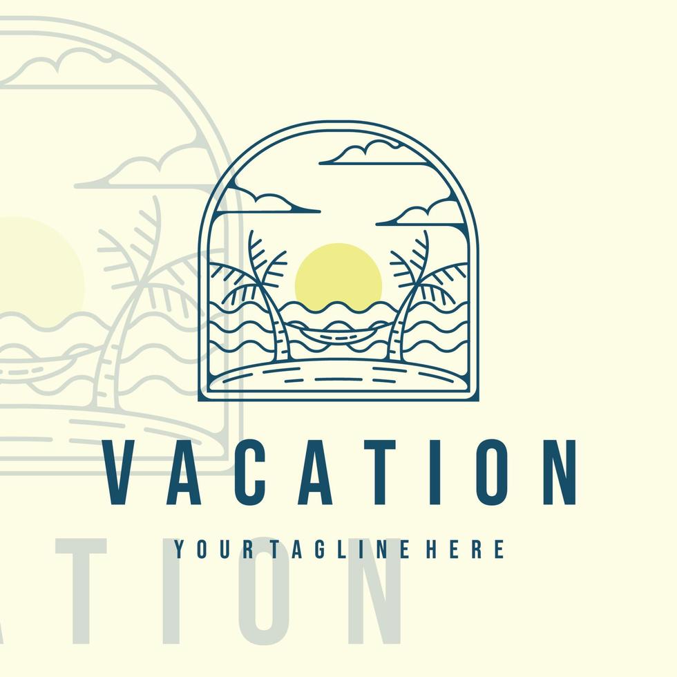 diseño de plantilla de ilustración de vector de arte de línea de logotipo de vacaciones o playa. isla tropical con hamaca en la palmera de la playa para el arte de línea del logotipo de vacaciones con diseño de concepto de ilustración de vector de placa