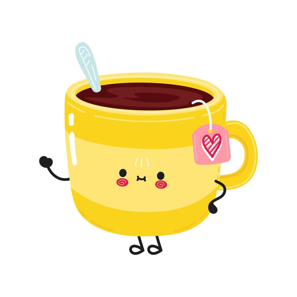 linda y divertida taza de té amarilla que agita el personaje de la mano. icono de ilustración de personaje kawaii de dibujos animados dibujados a mano vectorial. aislado sobre fondo blanco. concepto de personaje de taza de té amarillo vector