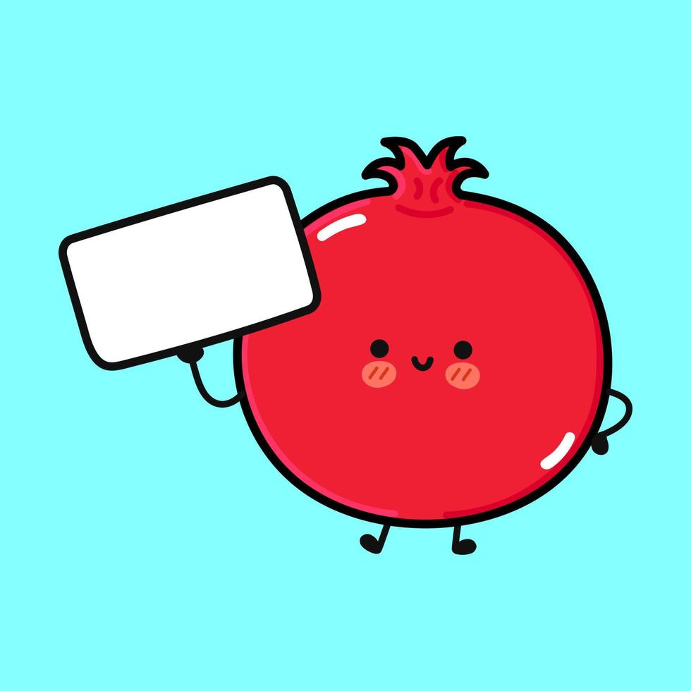 linda fruta de granada divertida con póster. icono de ilustración de personaje kawaii de dibujos animados dibujados a mano vectorial. aislado sobre fondo azul. concepto de pensamiento de fruta de granada feliz vector