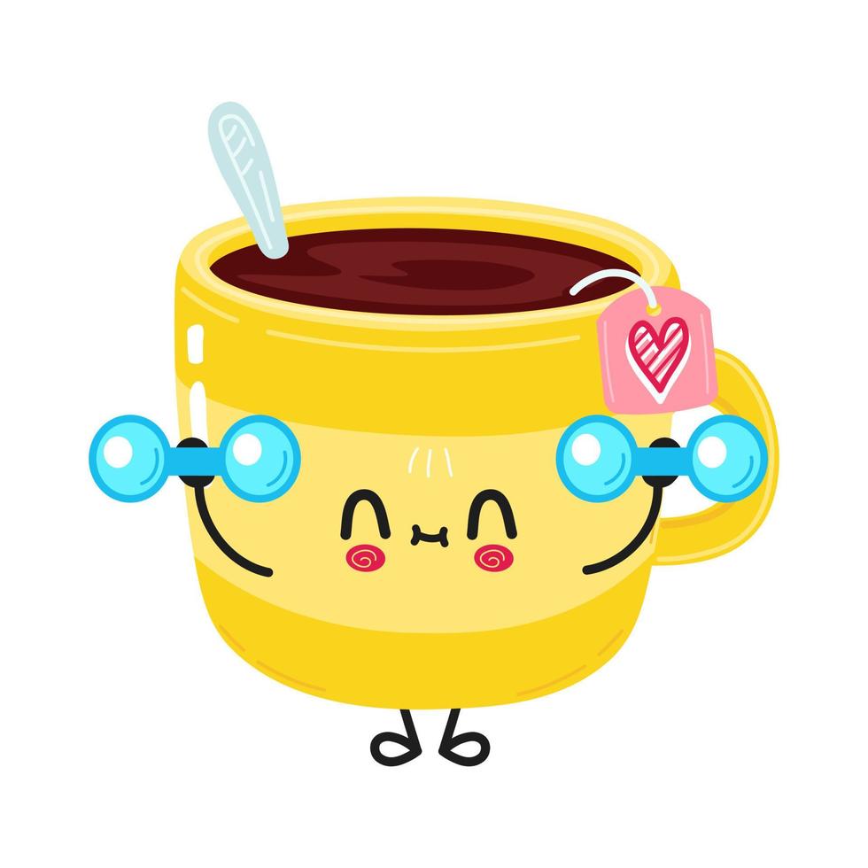 Cute funny yellow cup of tea character with dumbbells. Vector hand drawn cartoon kawaii character illustration icon. Isolated on white background. Yellow cup of tea character gym concept