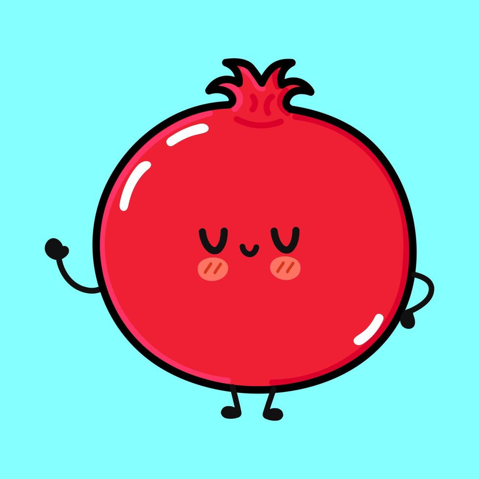 Cute funny pomegranate fruit character. Vector hand drawn cartoon kawaii character illustration icon. Isolated on blue background. Pomegranate fruit character concept